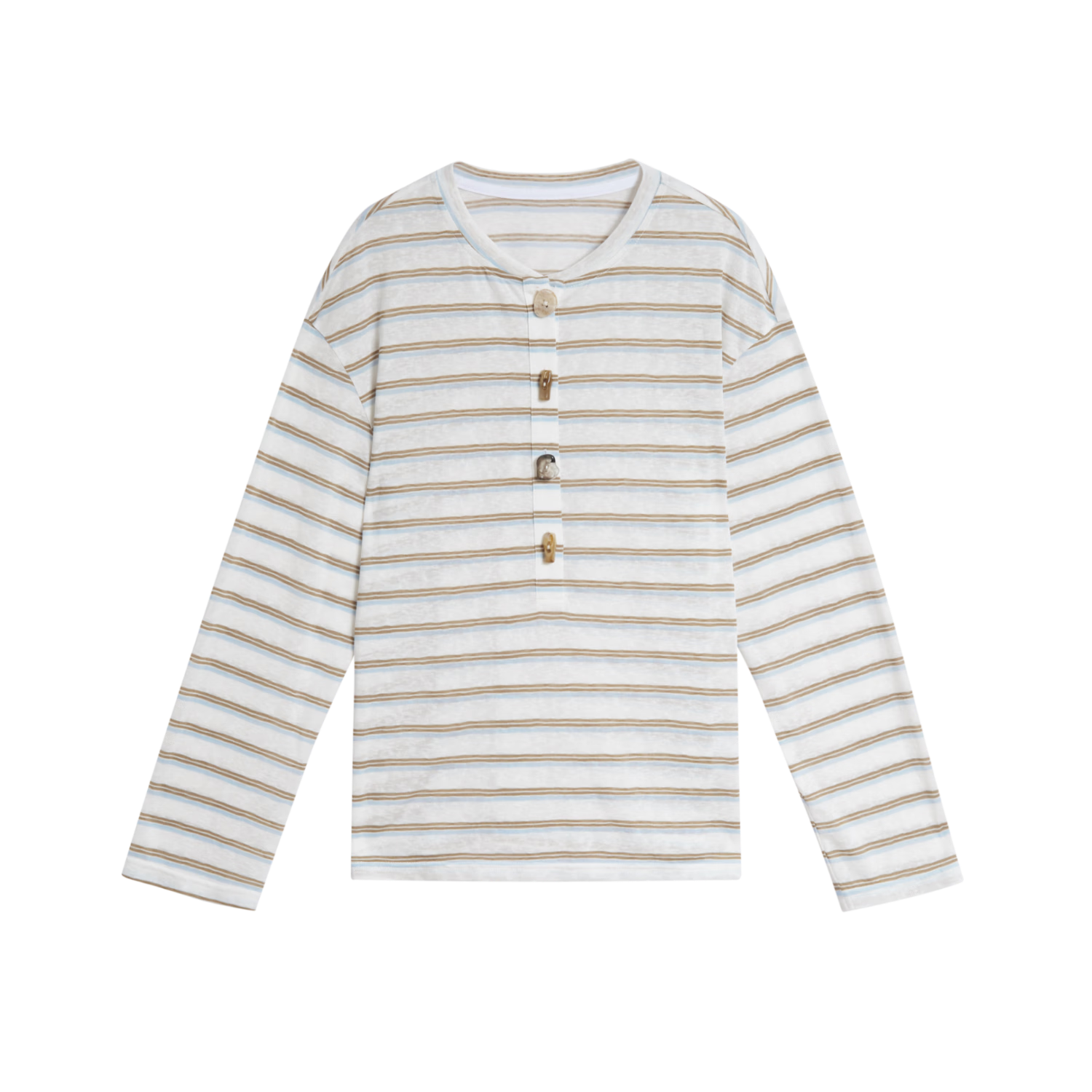 INMAN Lazy Fun Button Stripe Long Sleeve T-Shirt 26 Summer Women's New Colorblock Crew Neck Top Blue White Stripe S