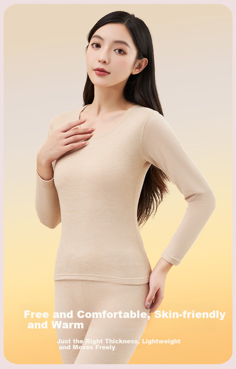 LangSha Women's Fleece Autumn Thermal Underwear Set 10A Antibacterial Wool Mulberry Silk Heat-Generating Base Layer Anti-Static Warm Innerwear 8