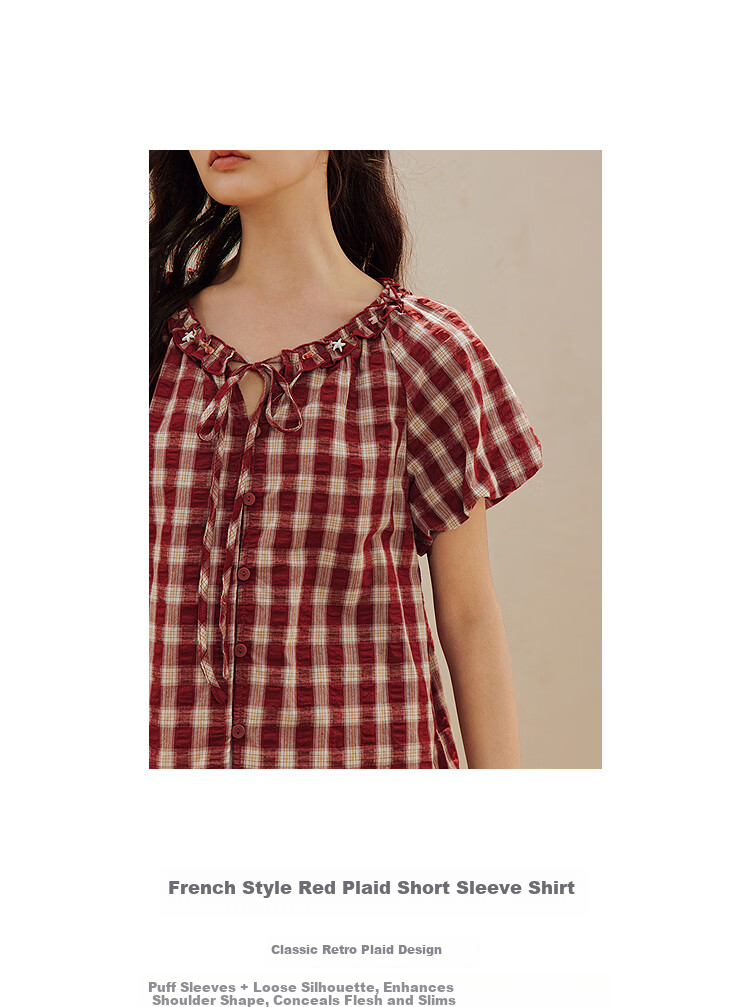 INMAN French Vintage Red Plaid Short Sleeve Shirt 26 Summer New Women's Ruffle Beaded Top Navy Plaid L 3