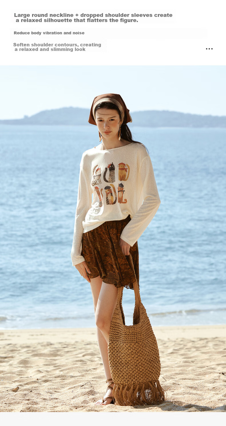 Olrain Tencel Casual Cat Print Long Sleeve T-Shirt Women Summer Large Round Neck Drop Shoulder Top Apricot L 11