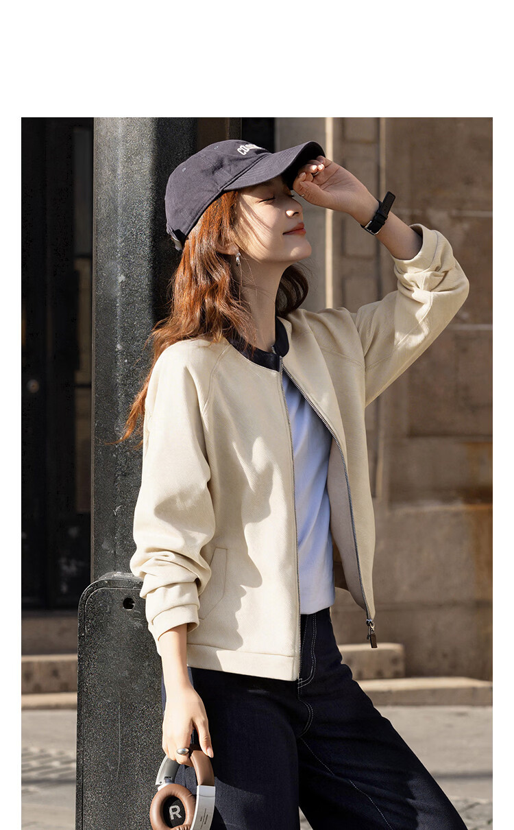 Demana Vintage Style Spring Cloud Oxygen Cotton Colorblock Stand Collar Leather Strap Zipper Loose Fit Petite Women's Jacket 14