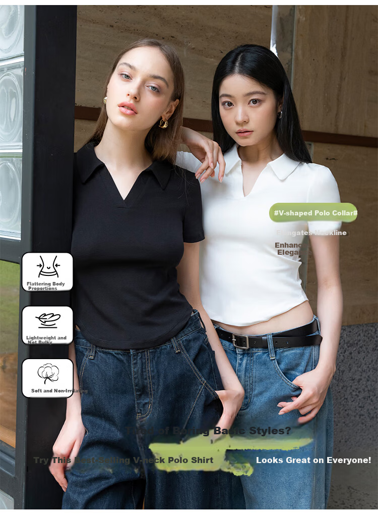 Langsha Women's Short Sleeve V-Neck T-Shirt Summer Fashion Versatile High-End Black Slim Fit Crop Top 3