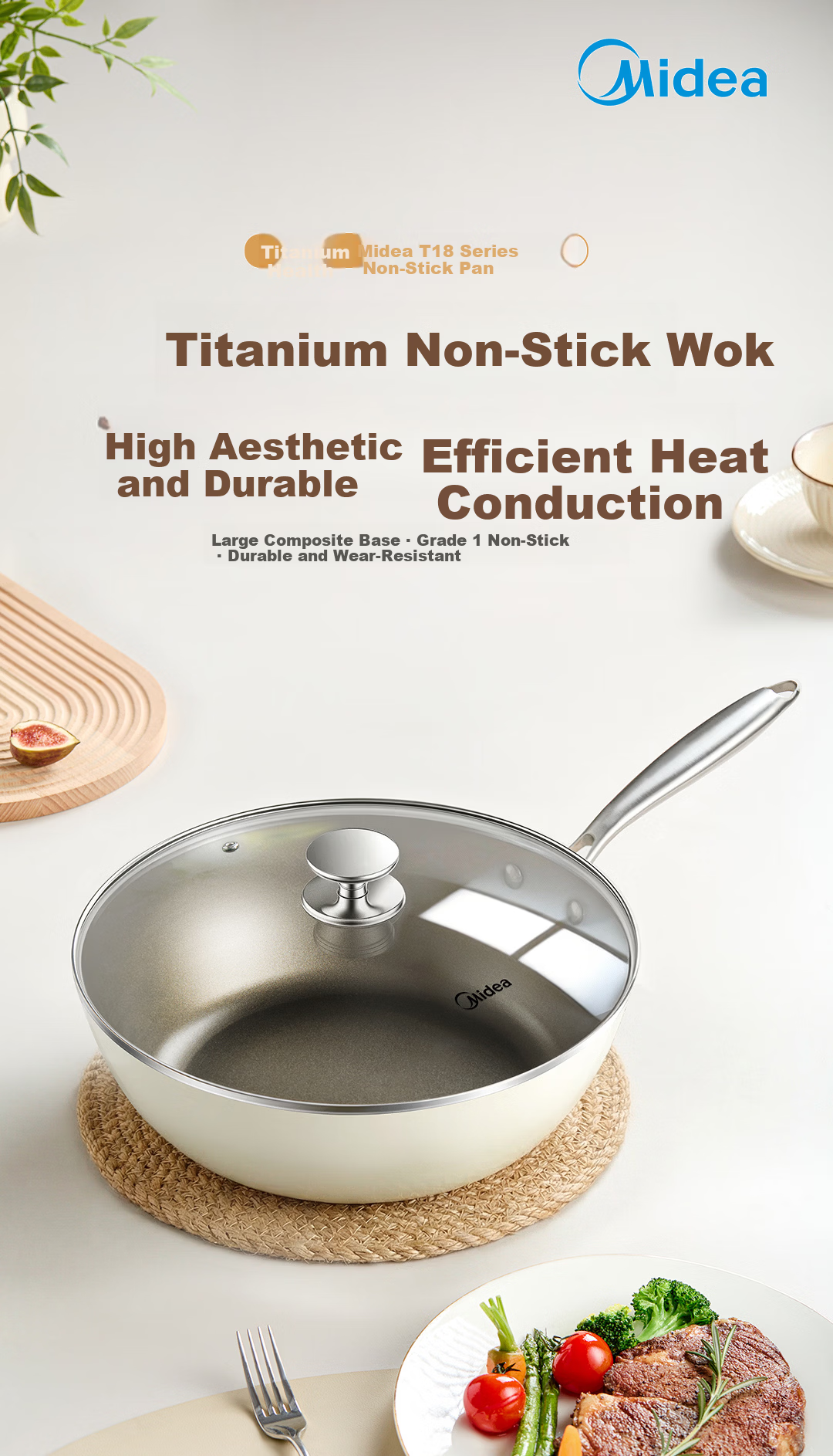 Midea Non-Stick Titanium Wok 30cm Flat Bottom Frying Pan Compatible with Induction Cooker 1
