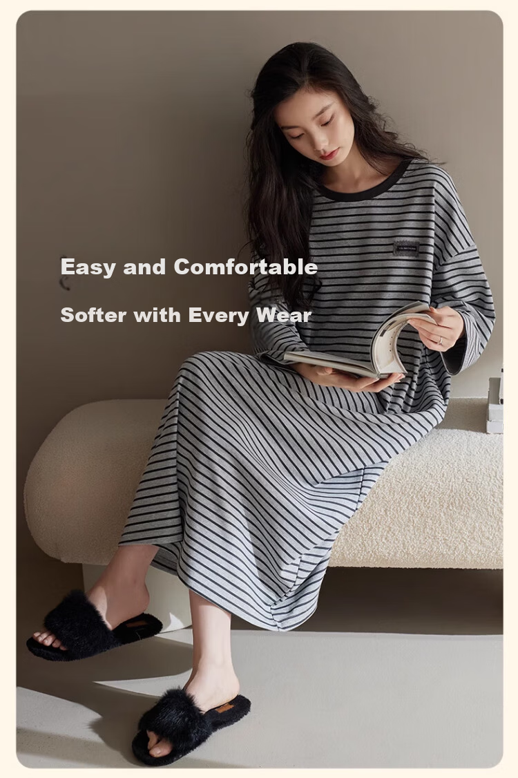 GUJIN Spring Autumn New Pure Cotton Women's Long Nightgown Homewear Casual Loose Plus Size Sleepwear with Chest Pad L 11