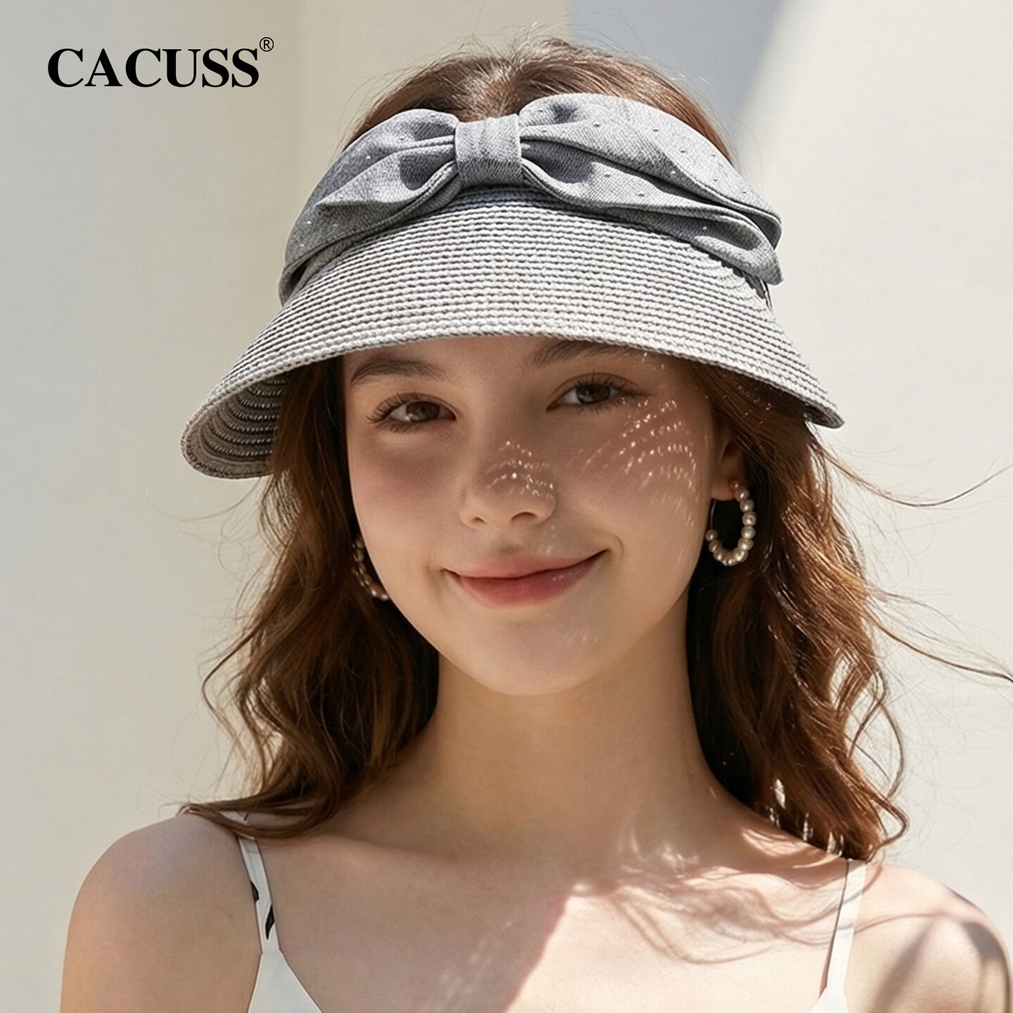 CACUSS Women's Open-Top Straw Sun Hat with Bow, Fashionable Vacation Outdoor Summer Sunshade Cap, Starlight Gray