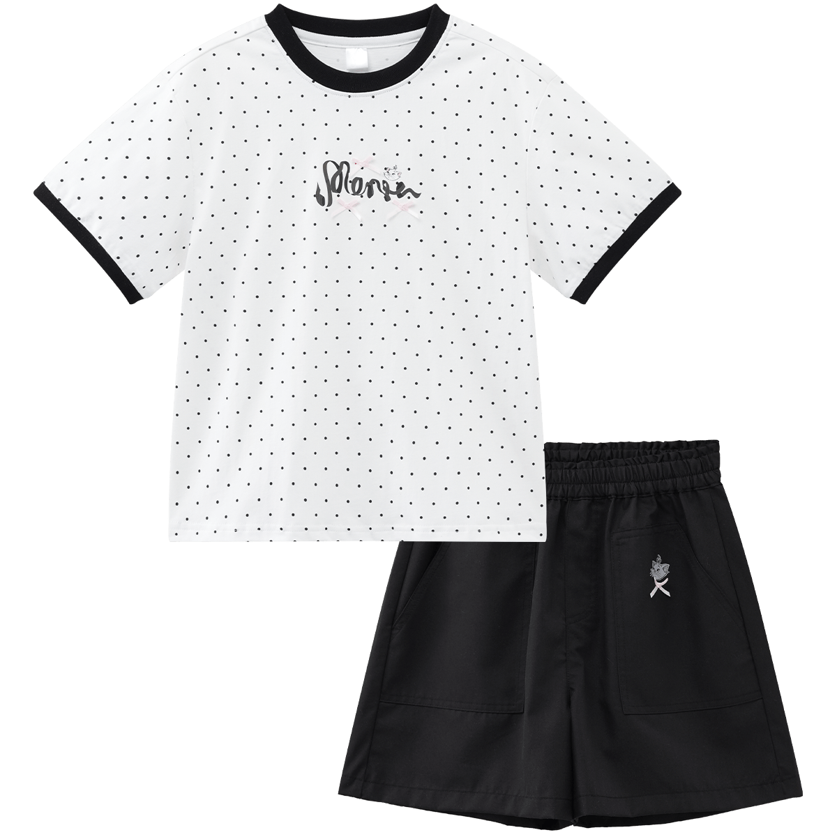 Disney Kids Boys and Girls Short Sleeve Set 2026 Summer New Children's Pure Cotton Casual Set Black and White Polka Dots Size 120