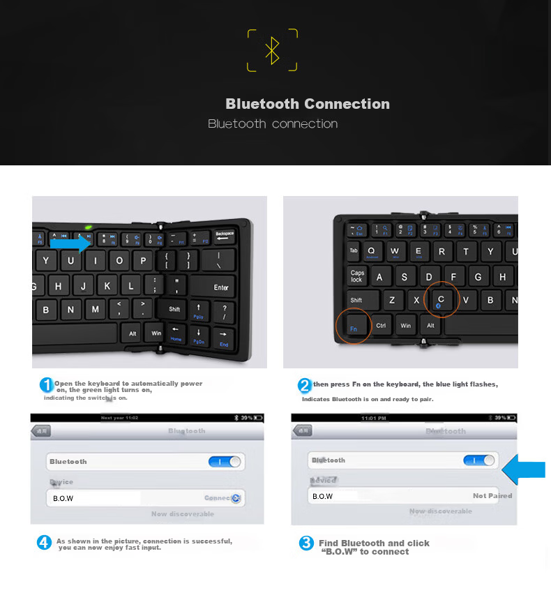 B.O.W Hangshi HB199 Foldable Bluetooth Keyboard Compatible with Apple iPad, Android, Huawei, Xiaomi Phones, Universal Silent Wireless Mini Portable Rechargeable Keyboard, Black Gray 12