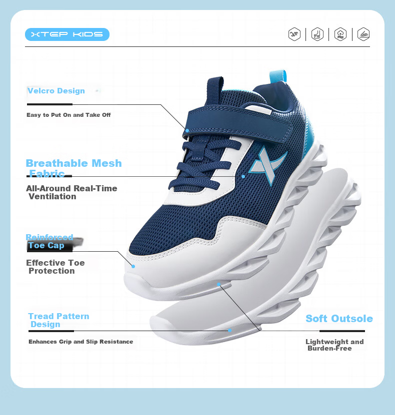 XTEP Kids Basic Sports Shoes Student Campus Versatile Velcro Running Shoes Black/XTEP White Size 35 1
