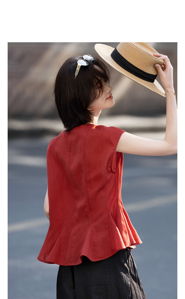 Demana Summer Dragon Fruit Color Raglan Sleeve Waist Cinched Ruffle Slim Fit T-Shirt for Women 10