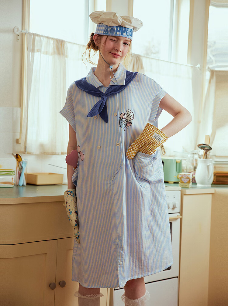Gukoo Women's Summer Pajamas Ratatouille Doll Collar Nightdress Pure Cotton Jumpsuit Homewear Set Light Mist Blue S 32