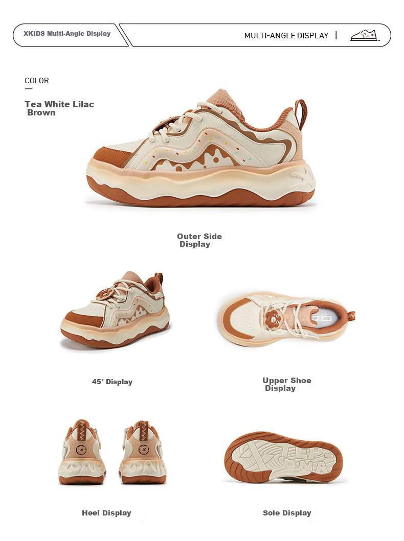 XTEP Kids Macaron Colorblock Sneakers Girls Donut Lace-up Sports Shoes Tea White/Lilac Brown Size 35 18