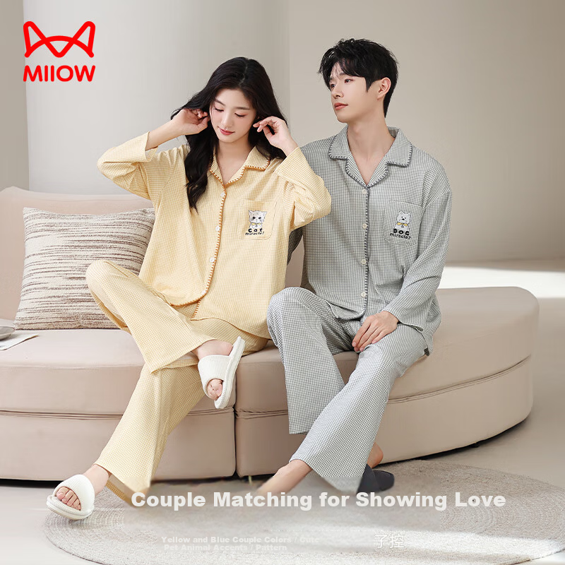 Miiow Couple Pajamas Women 100% Cotton Japanese Style Plaid Long Sleeve Casual Cartoon Homewear Cheese Yellow L