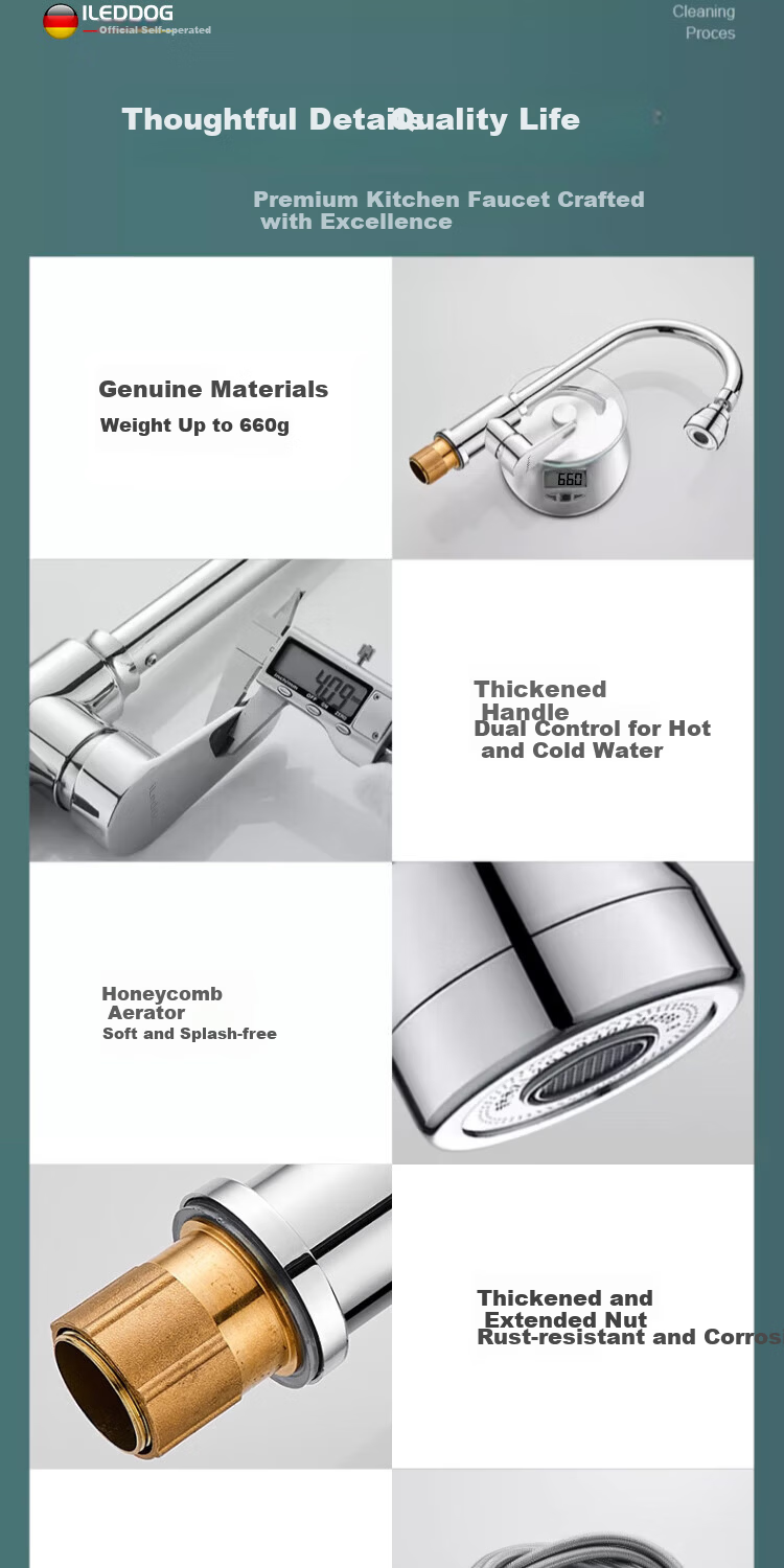 ILeddog [Germany] Kitchen Faucet 304 Stainless Steel Hot and Cold Pressurized Splash-Proof Swivel Vegetable Sink Faucet CFLT-GY2D 11