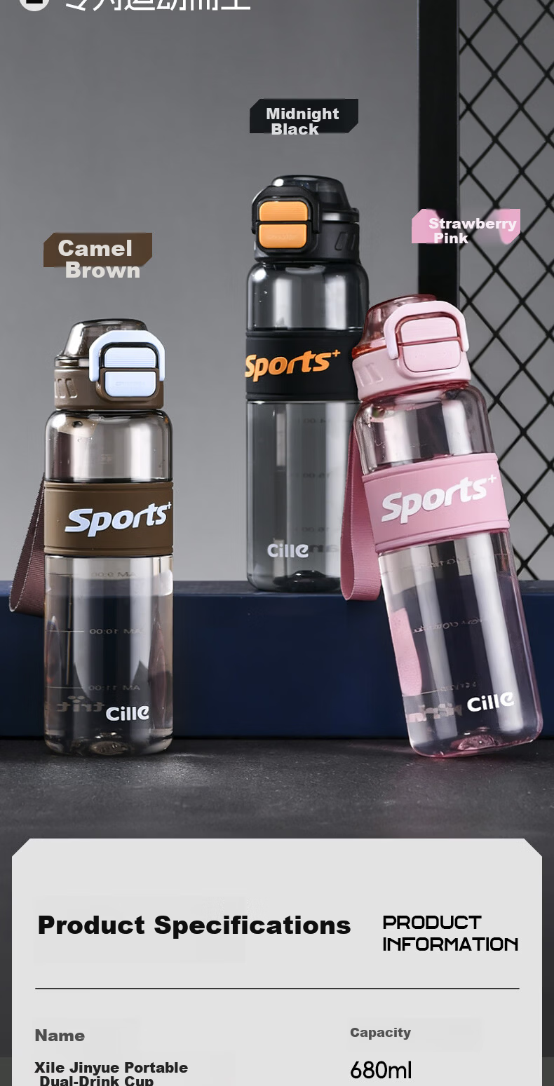 Cille Sports Water Bottle Unisex Outdoor Fitness Large Capacity Tritan High Temperature Resistant Thickened Dual-Drink Portable Cup 16