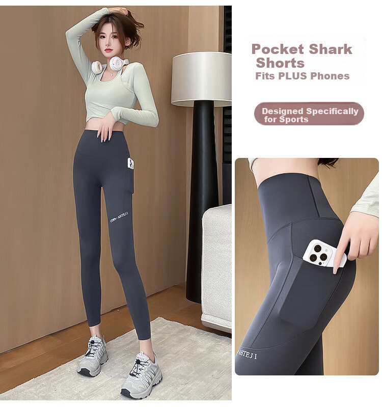 LangSha Women's Shark Pocket Pants High-Waist Hip-Lifting Fitness Yoga Leggings Spring Autumn New 6