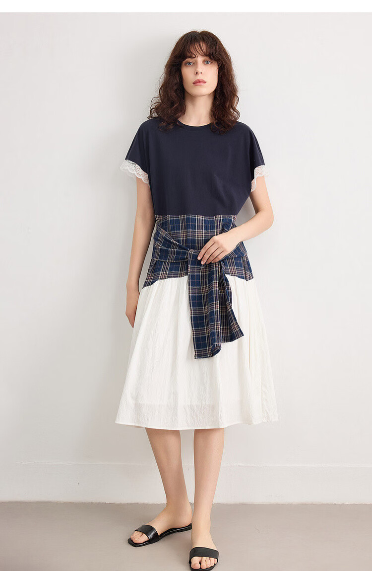Demana Soft Cloud Oxygen Cotton Summer Korean Style Plaid Patchwork Lace Trim Elegant A-Line Mid-Length Dress for Women 17