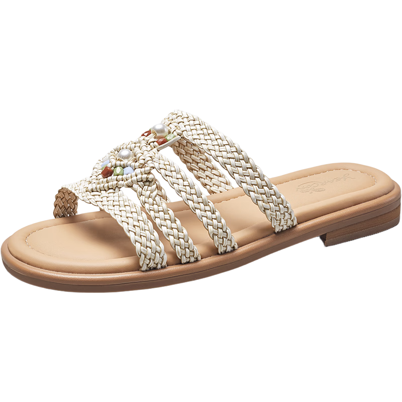 Eierkang Women's Woven Flat Slide Sandals Lazy Vacation Style Beach Slippers 18124W Off-White Size 37