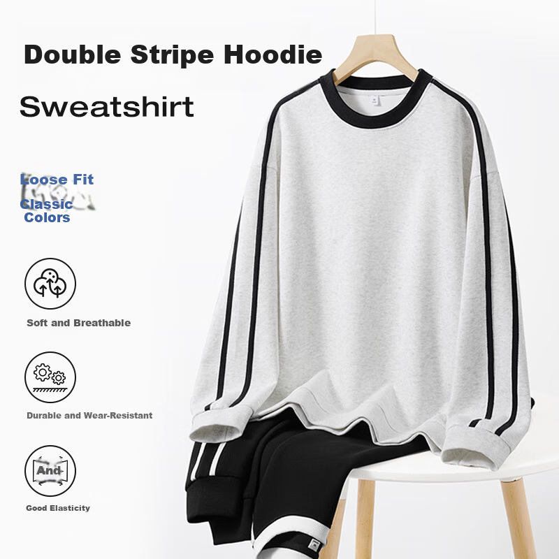 Jeanswest American Casual Navy Crew Neck Sweatshirt for Women 2026 Spring New Loose Fit Hoodless Long Sleeve Top with Two Stripes
