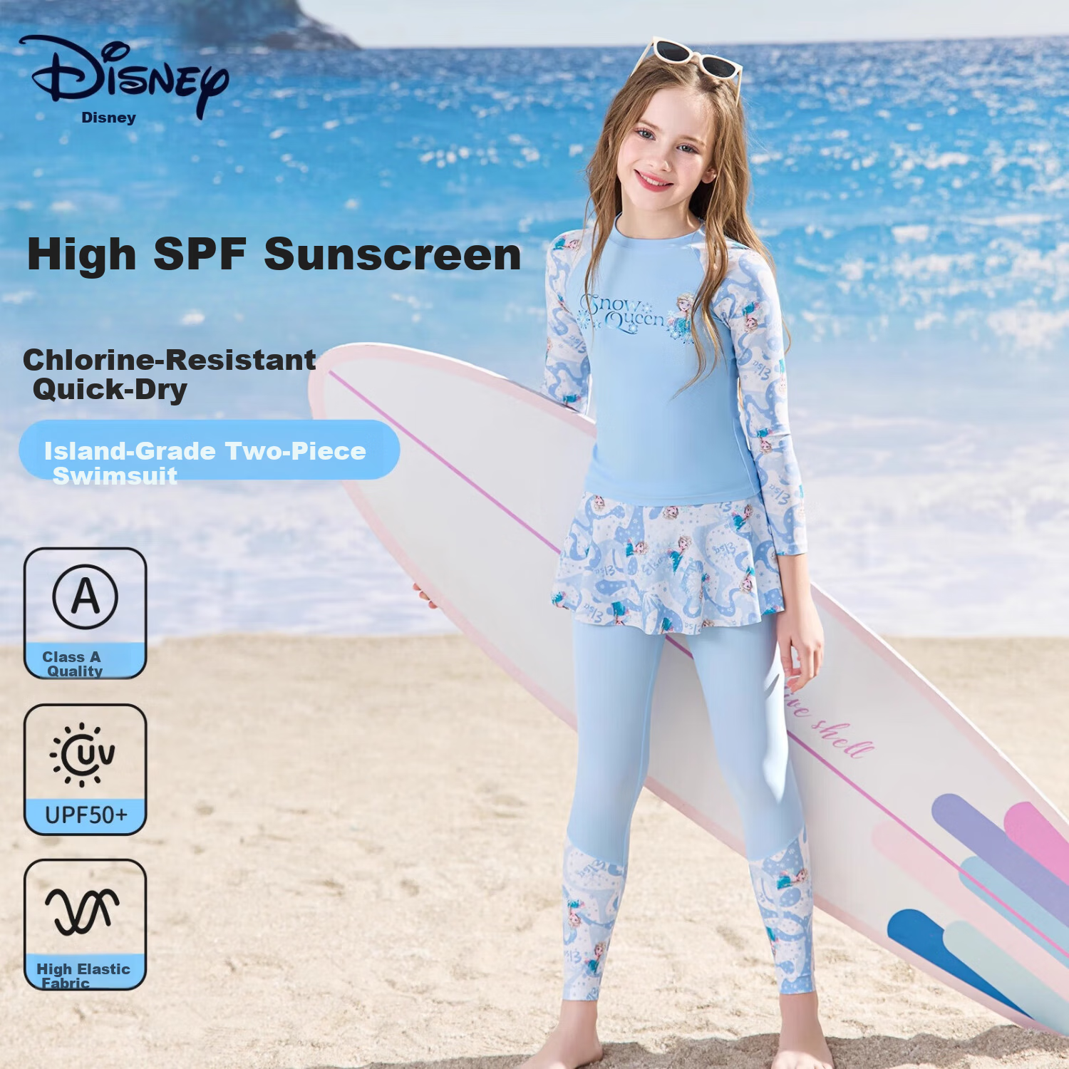 Disney Girls' 6-12 Years Old Two-Piece Long Sleeve Warm Swimwear Set D35197 Light Blue Size 130