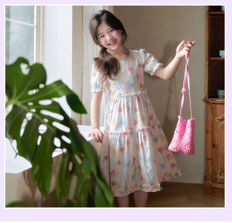 Fulomi Girls Summer Dress Beautiful Princess Dress Sweet Floral Dress Beige 140cm 13