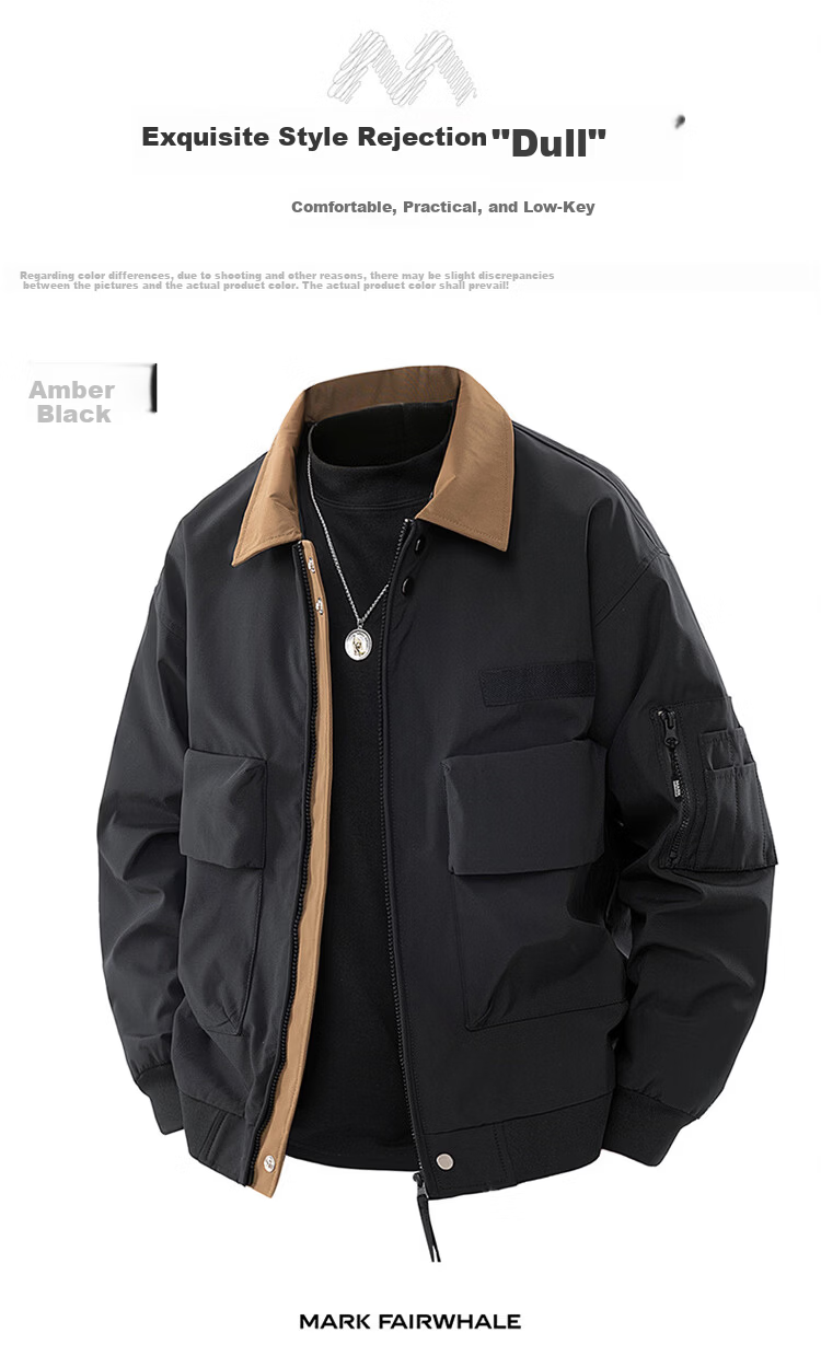 MARK FAIRWHALE Men's Spring and Autumn American Style Flight Workwear Jacket Loose Casual Men's Coat Amber Black 2XL 4