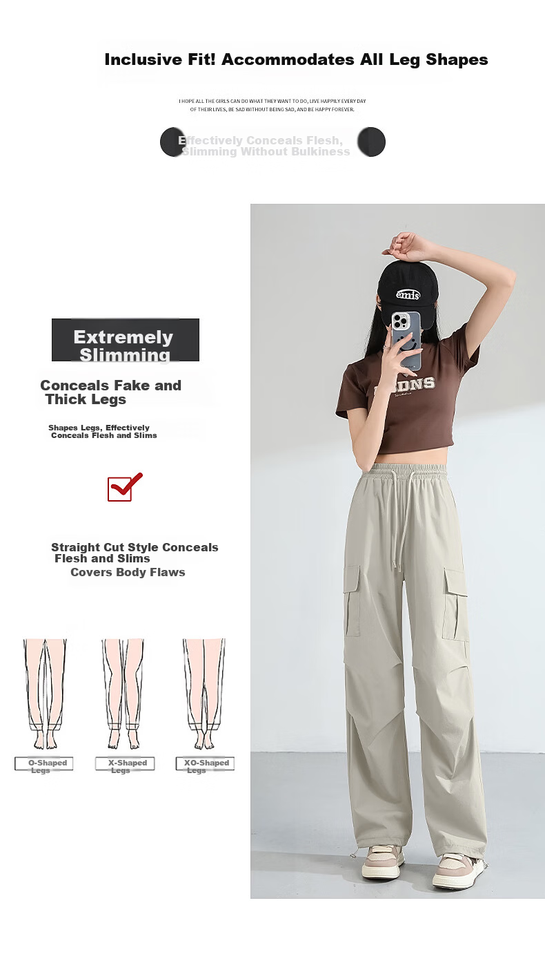 TonLion Women's Summer Cooling Workwear Pants New Wide-Leg Slim Outdoor Sports Drawstring Hem Straight-Leg Trousers 10