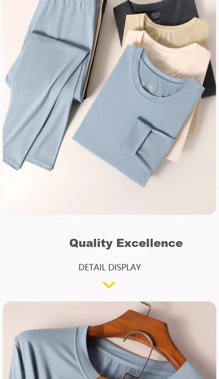 LangSha Men's Thermal Underwear Set Autumn Top and Bottom Antibacterial Mite-Resistant Thin Round Neck Base Layer Warm Shirt 7