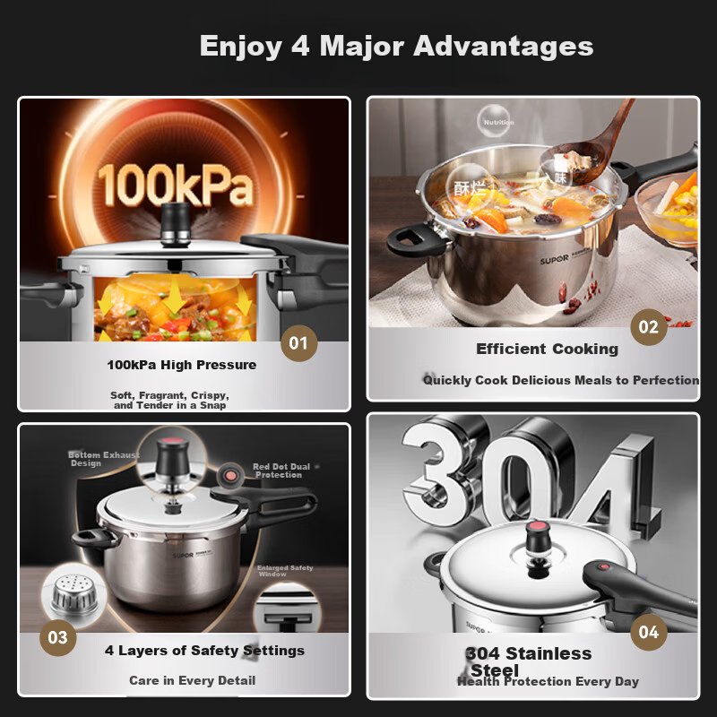 SUPOR Pressure Cooker 304 Stainless Steel Thickened Explosion-Proof Safe Large Capacity 22cm Pressure Cooker for Gas and Induction Cookers