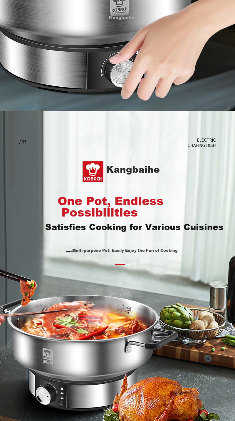Kambach Small Electric Hot Pot 1-2 Person Non-Coated Stainless Steel Ultra-Fast Boiling Multi-Functional Household Electric Frying Pan 304 Hot Pot Steamer 24cm 9