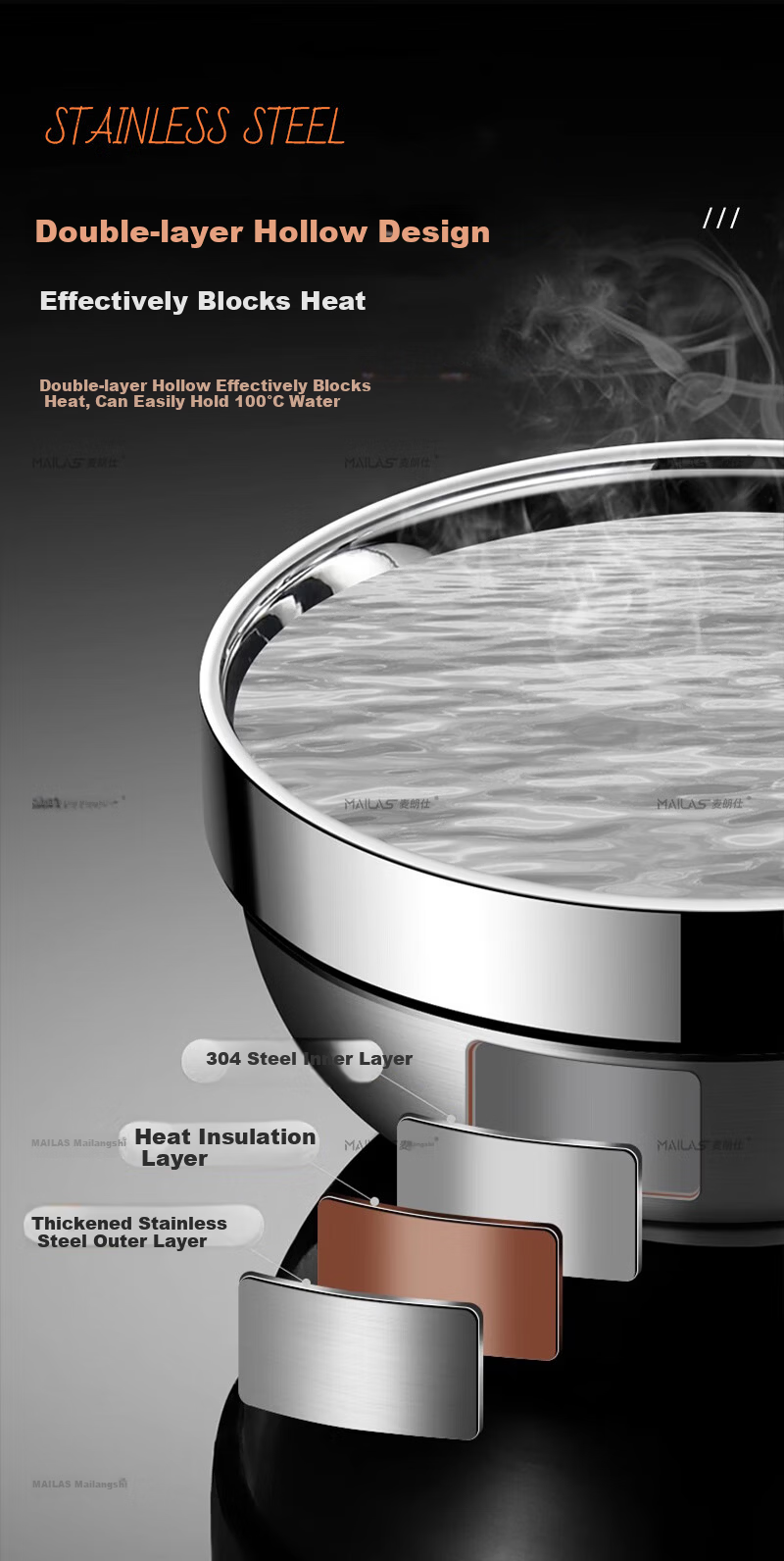 Mailangshi 11.5cm Double-Layer Thickened 304 Stainless Steel Soup Bowl, Anti-Scald Commercial Rice Bowl for Canteen 7