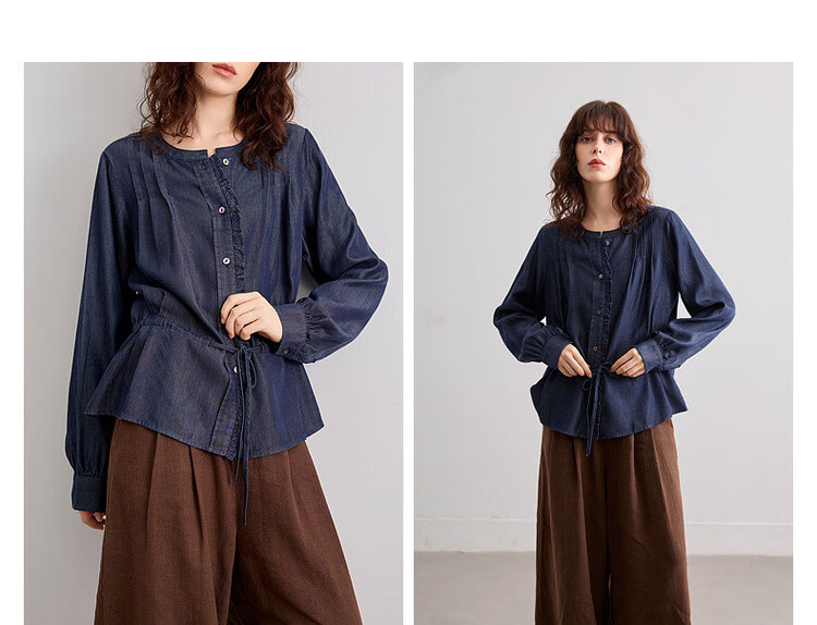 Demana [100 Lyocell] Spring French Style Round Neck Ruffle Drawstring Denim Shirt for Women Premium 5