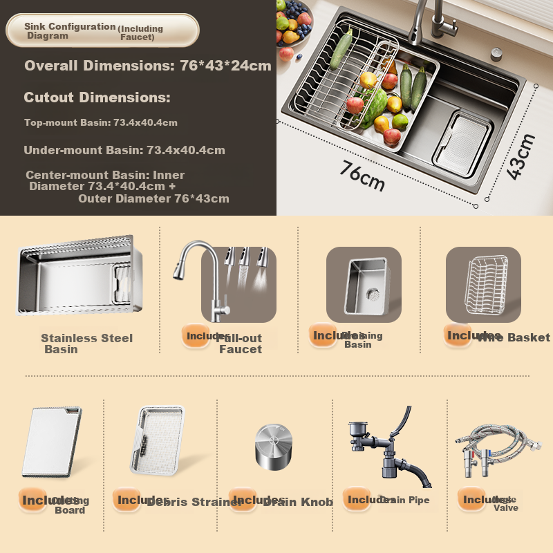 JD Jingzao Pure Titanium 0-Coating Large Single Bowl Kitchen Sink Anti-Grease Water Drainage Basin 76*43 with Faucet