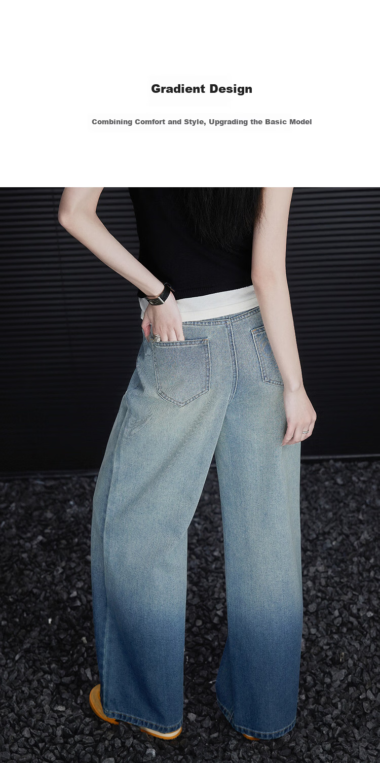 Demana Cotton Soft New Fluff Spring Retro Hand-Washed Gradient Design Straight Wide-Leg Slimming High-End Jeans for Women 3