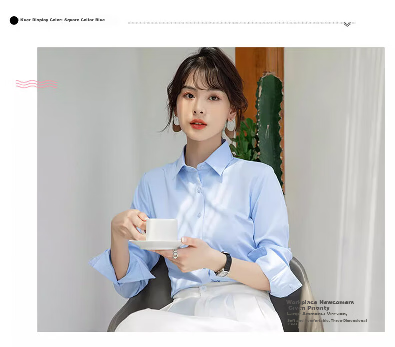 TUCANO Women's Long Sleeve Shirt Spring Autumn Solid Color Wrinkle-Resistant Non-Iron Business Casual Formal Top Light Blue S 13