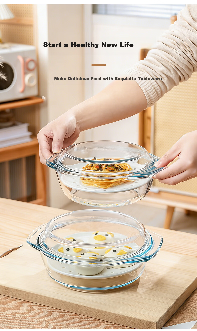 Genas Microwave Oven Special Steaming Bowl Steamer Basket Tray Double-Handle Transparent Heat-Resistant Glass Bowl 1.5L with Lid Soup Noodle Bowl 13