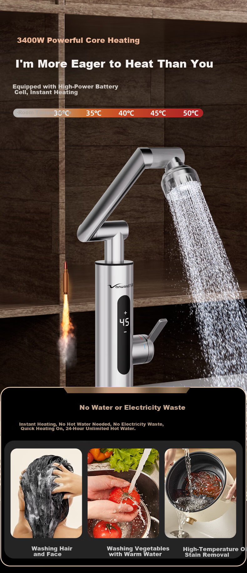 Vanward Instant Electric Water Heater Faucet Stainless Steel Variable Frequency Constant Temperature Rapid Heating Faucet Heater Hot and Cold Digital Display Bathroom Kitchen Small Kitchen Treasure El 6