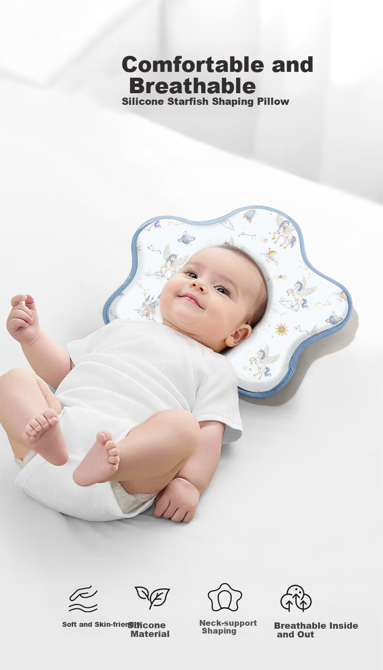 Baoshi Children's Pillow Baby Infant Silicone Shaping Pillow Breathable Newborn Washable Pillow 0-6-12 Months Pink-Blue 1
