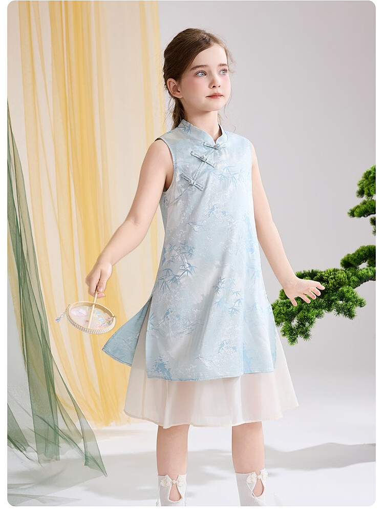ASK JUNIOR Chinese Style New Mid-Summer Girls' Dress Large Kids Two-Piece Illusion Mesh Dress 12
