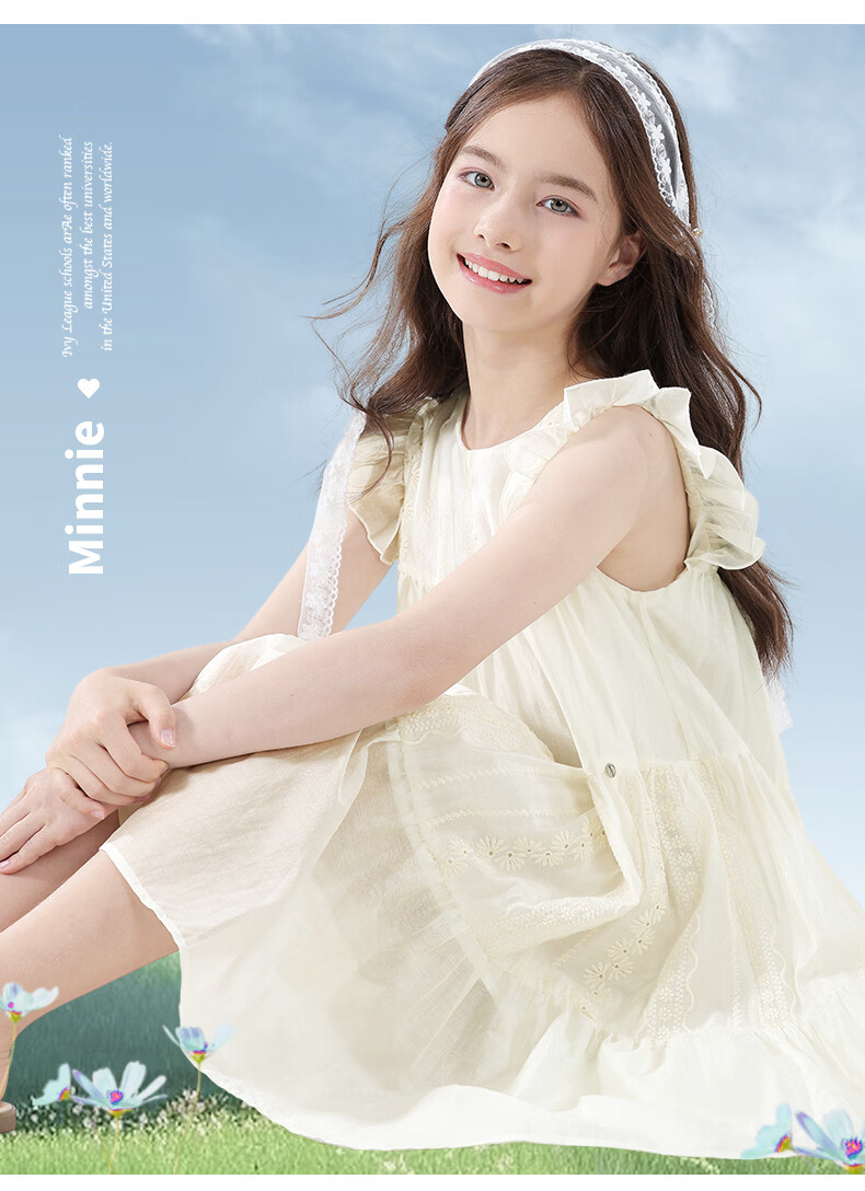 Disney Girls' Tencel Dress Summer New Princess Dress Big Kids Long Dress EQ095 Off-White 160 6