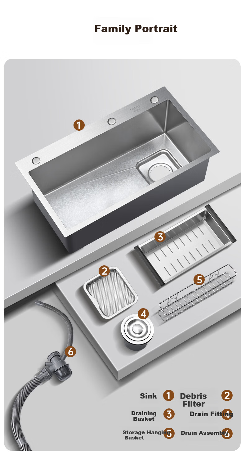VATTI Kitchen Sink S3Pro Large Single Bowl Integrated Basin Dishwasher Sink Countertop Mid-Bottom Installation 304 Stainless Steel 20