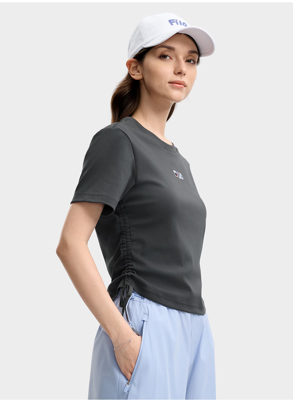 FILA Yang Mi Same Style Knitted Short Sleeve Shirt Women 2026 Summer Side Drawstring Fashion Casual Embroidered Logo Slim T-Shirt 40