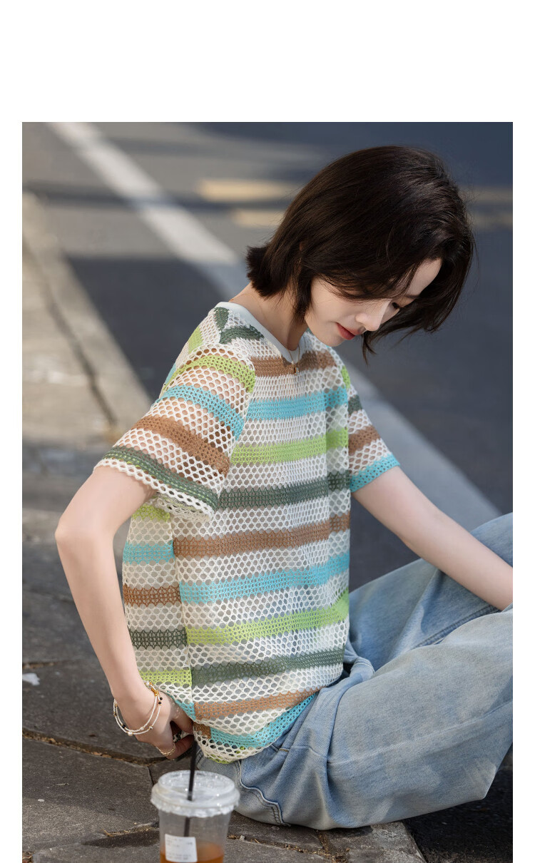 Demana [with Cloud Oxygen Cotton] Summer Refreshing Fashionable Crew Neck Color-Block Striped Slimming T-Shirt for Women High-End Feel 9