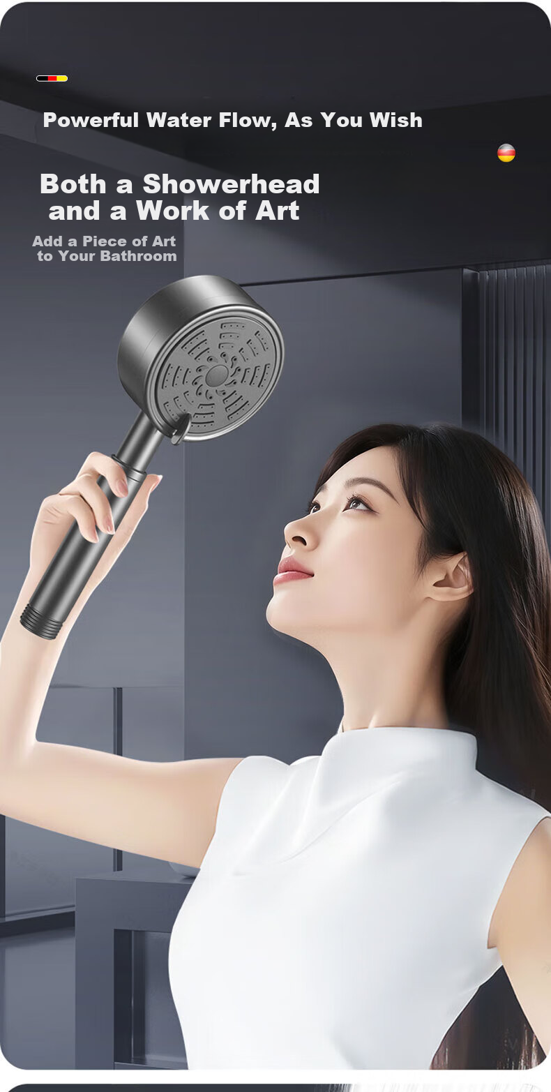 HOMK German Pressurized Shower Head 304 Stainless Steel High-Pressure Shower Sprayer 7