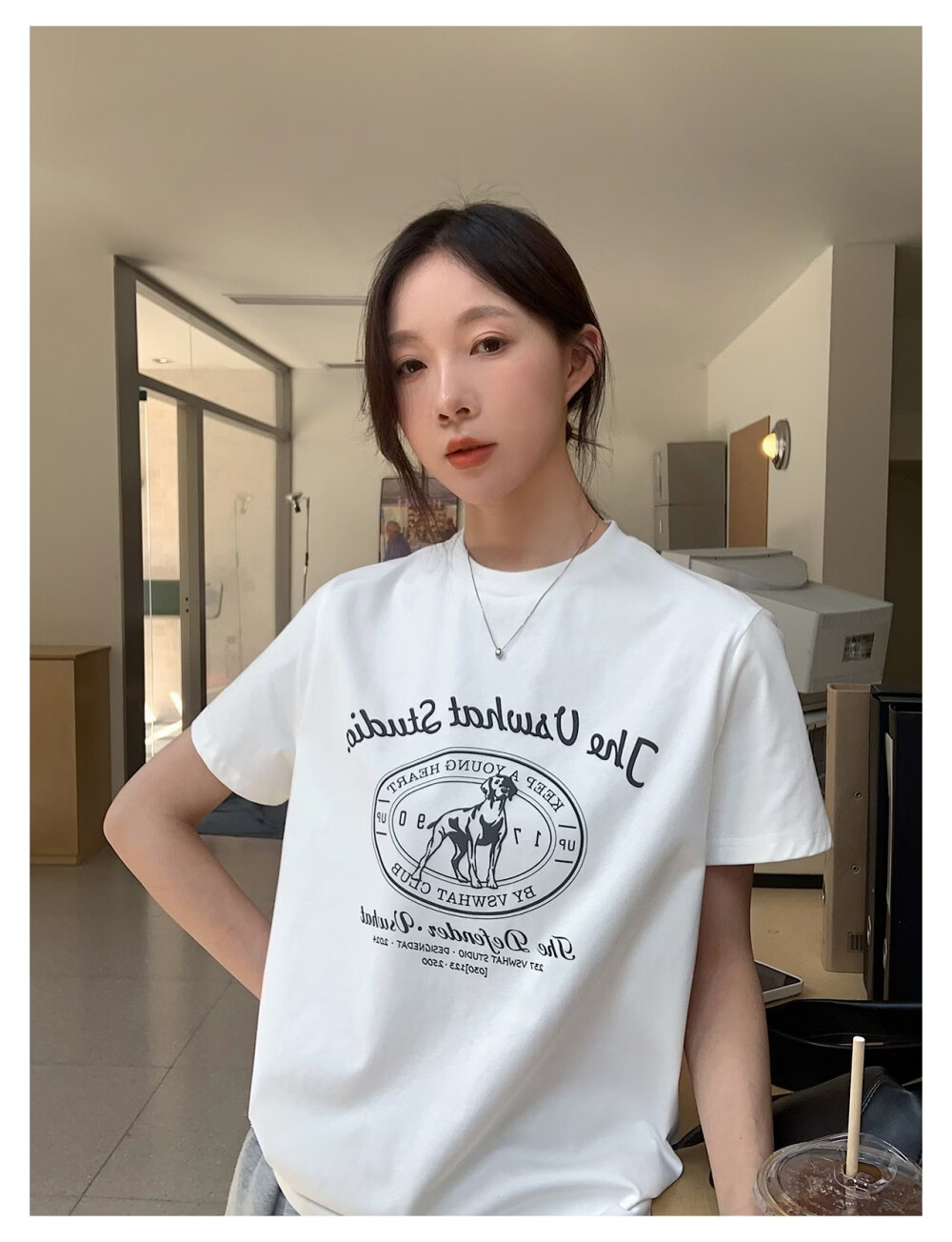 ICH MODE "Puppy Travelogue" Korean Retro College Style Chic Shoulder Short Sleeve T-Shirt Women Casual Top White M 21