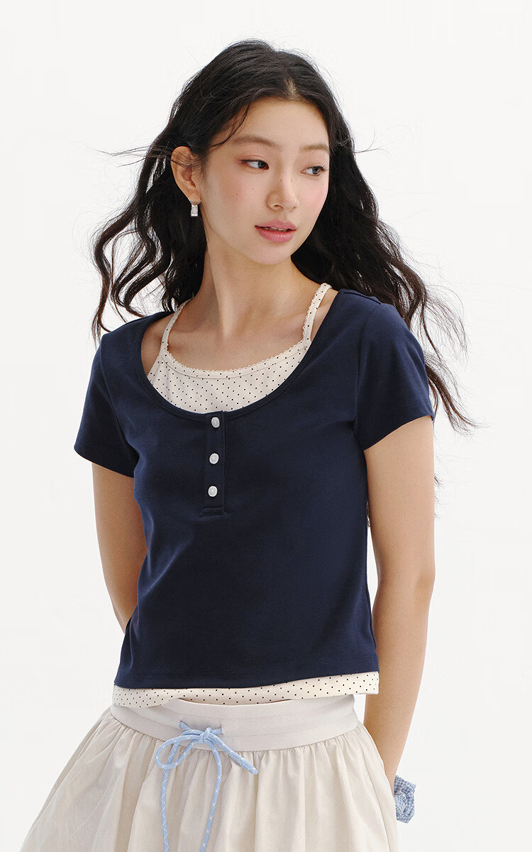 Semir Mall Style | Women's Summer Short Sleeve T-Shirt, Short Polka Dot Fake Two-Piece, 2026 Sexy Top 101326100043 2
