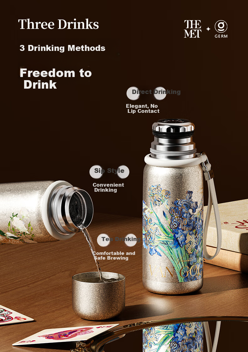 Germ Pure Titanium Insulated Thermos Van Gogh Collaboration Temperature Display Water Bottle Women's Direct Drinking Tea Cup Gift Box 580ML Rose 11