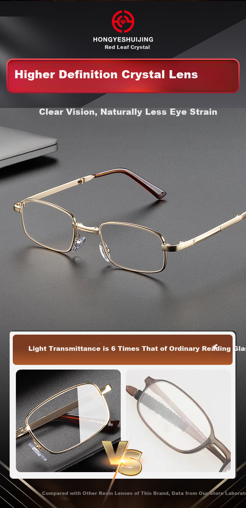 HONGYE Crystal Reading Glasses HD Portable Folding Unisex Stone Frame Lightweight Middle-aged and Elderly Glasses East China Sea Qixi Festival 2