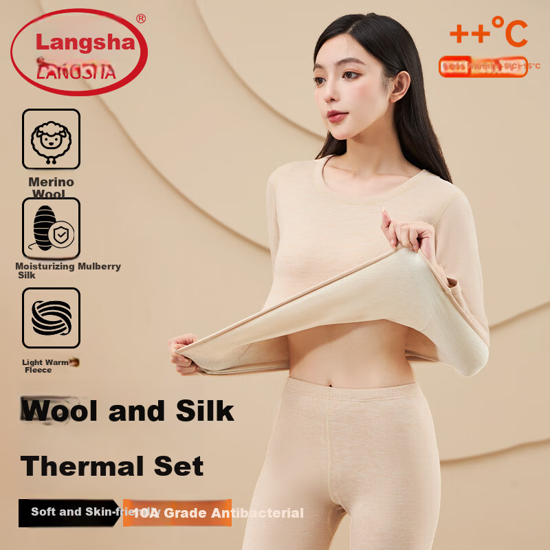 LangSha Women's Fleece Autumn Thermal Underwear Set 10A Antibacterial Wool Mulberry Silk Heat-Generating Base Layer Anti-Static Warm Innerwear