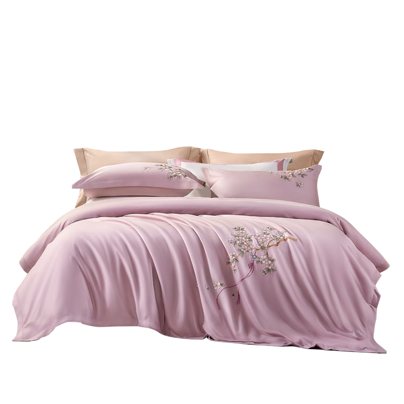 FUANNA Cotton Bedding Set with Sateen Fabric, 60s Xinjiang Long-Staple Cotton Bedding Set Including Bed Sheet, Double Size, Embroidered Duvet Cover, 230*229cm, Pink Home Decor