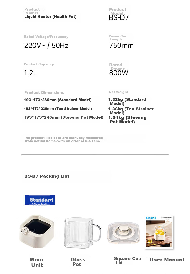 BASSENS Small Square Glass Health Pot 1.2L High-Quality Tea Kettle Health Water Boiler Electric Ceramic Stove Constant Temperature Kettle Tea Maker with Filter And Tea Strainer 36